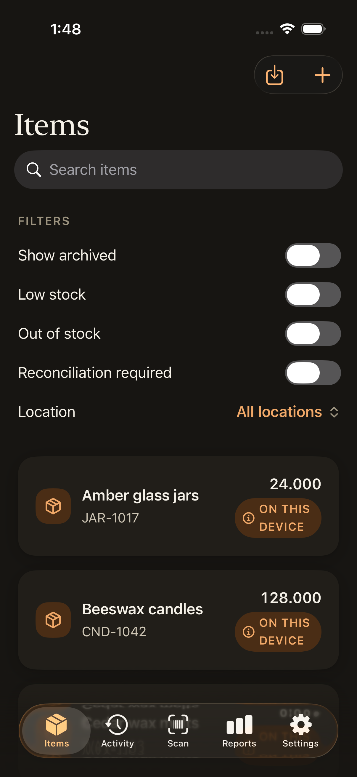 Stocklight in its dark appearance, showing the items list.