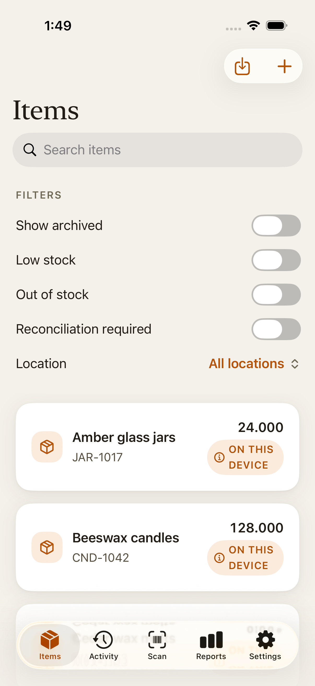 The Stocklight items list, showing each item with its balance.